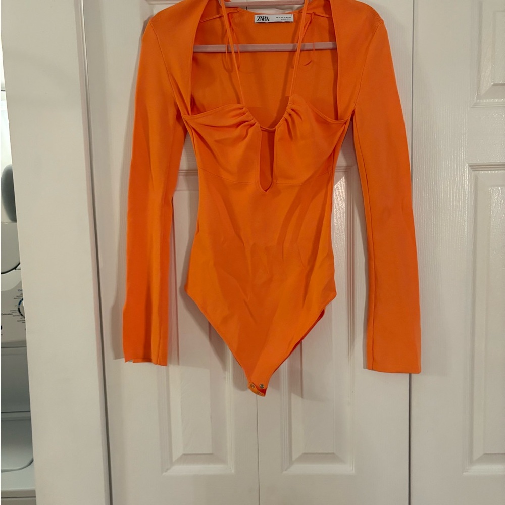 Zara Orange Bodysuit with V-Neck and Long Sleeves